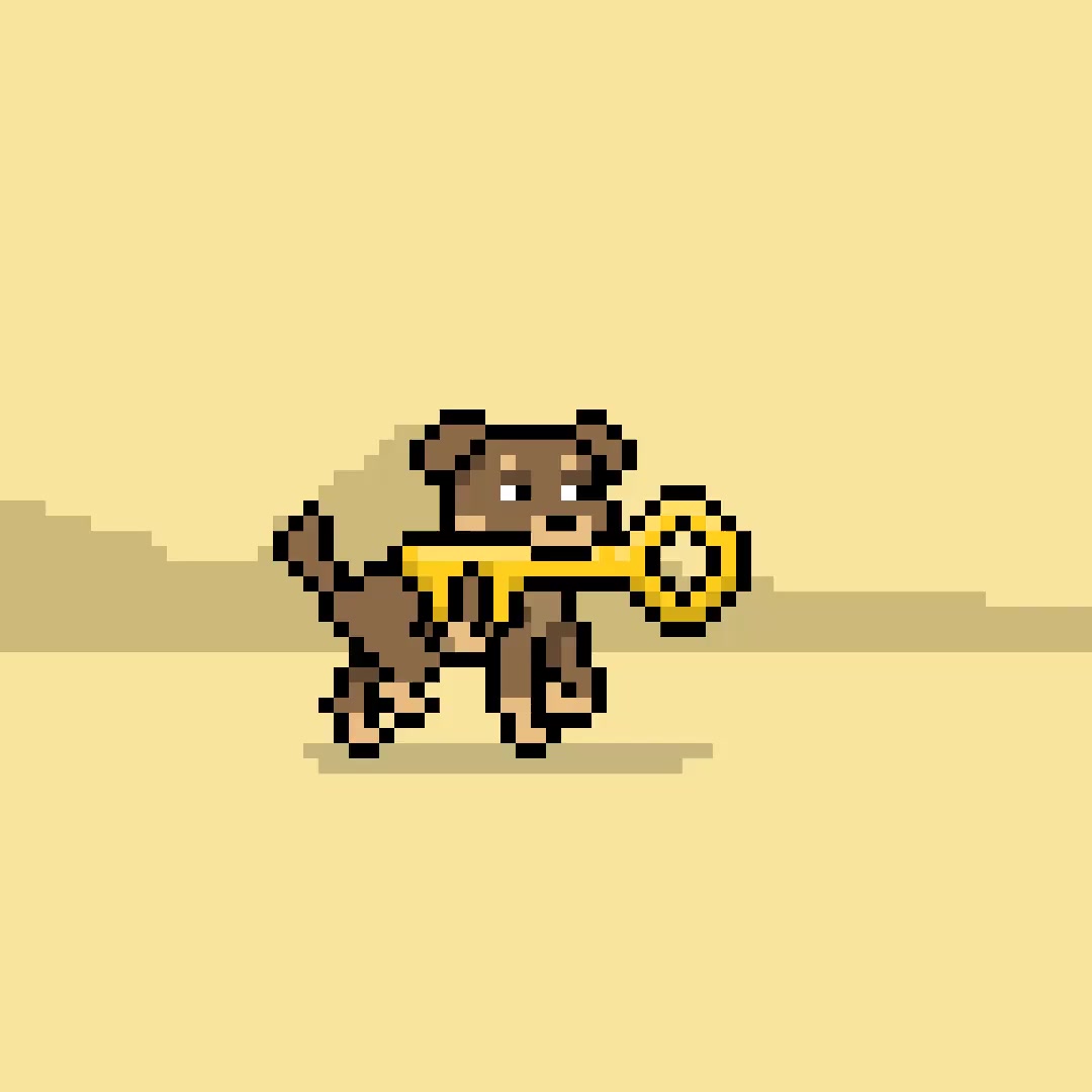 Frame from the October 7 Doginal Dogs video of a pixel dog carrying a yellow key
