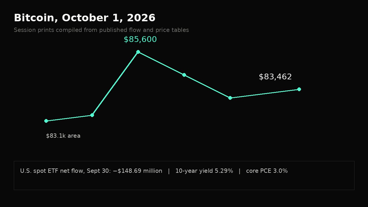 Chart of Bitcoin moving from a 85600 spike back to 83462 on October 1 after a 148.69 million ETF outflow